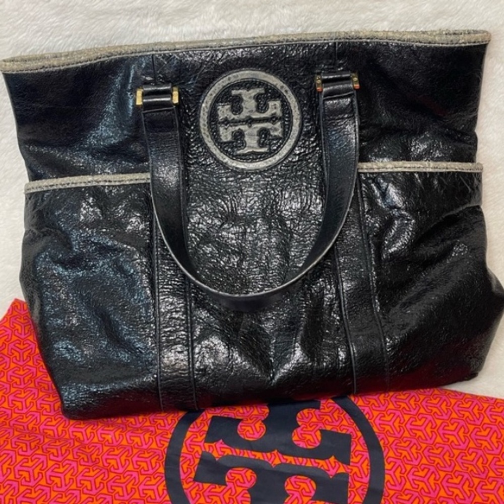 Tory Burch Black Leather Tote | Reva Logo | Python Trim | Large Shoulder Bag